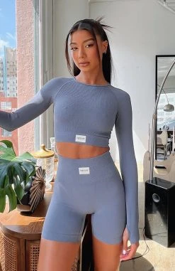 White Fox Boutique AU In Control Long Sleeve Seamless Crop Storm