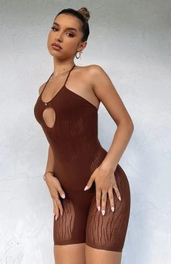 White Fox Boutique AU Clothing Keep Them Guessing Mesh Romper Chocolate