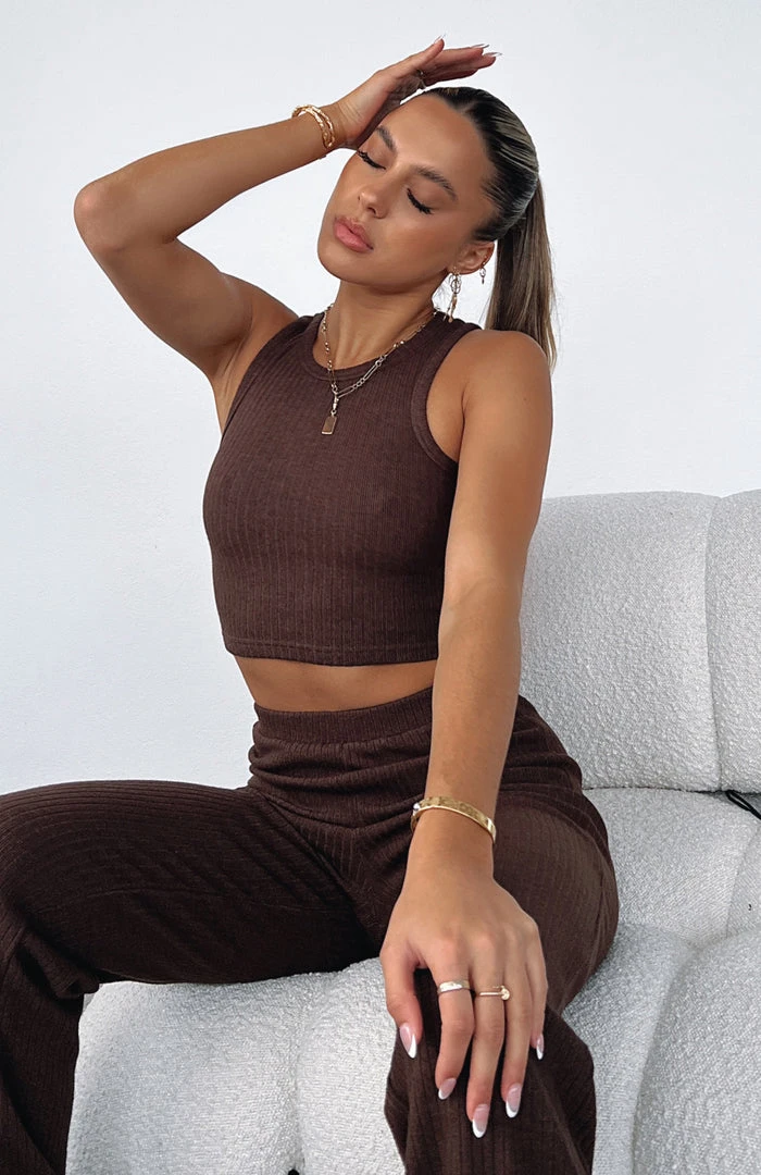 White Fox Boutique AU A Perfect World Ribbed Crop Dark Chocolate