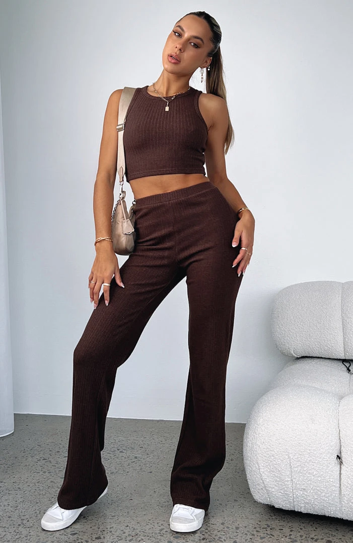 White Fox Boutique AU Night Life Ribbed Pants Dark Chocolate Clothing