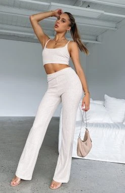 White Fox Boutique AU Clothing Night Life Ribbed Pants Oatmeal