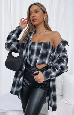 White Fox Boutique AU Only Yesterday Plaid Shirt Black