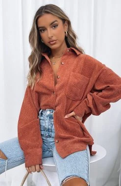 White Fox Boutique AU Out And About Cord Long Sleeve Shirt Rust