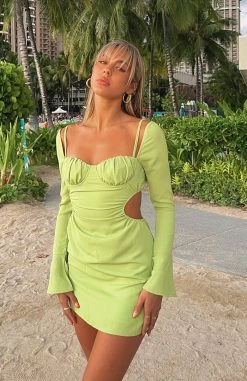 White Fox Boutique AU Clothing Please Hold Long Sleeve Mini Dress Matcha