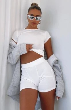 White Fox Boutique AU Reality Check Ribbed Bike Shorts White Clothing