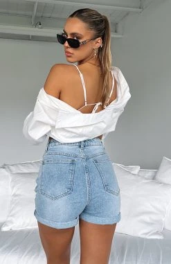 White Fox Boutique AU Clothing Time With Me Denim Shorts Light Blue